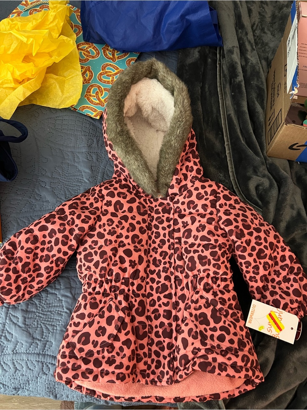 NWT Jumping beans Pink Leopard Sherpa Hooded Coat with Faux Fur Trim